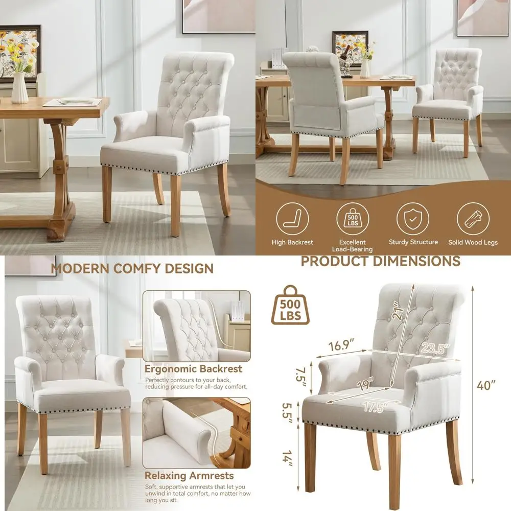 

Мягкие обеденные стулья с высокой спинкой и подлокотниками, кресло с тафтинговой тканью, ножки из массива дерева и отделка гвоздями, элегантная столовая