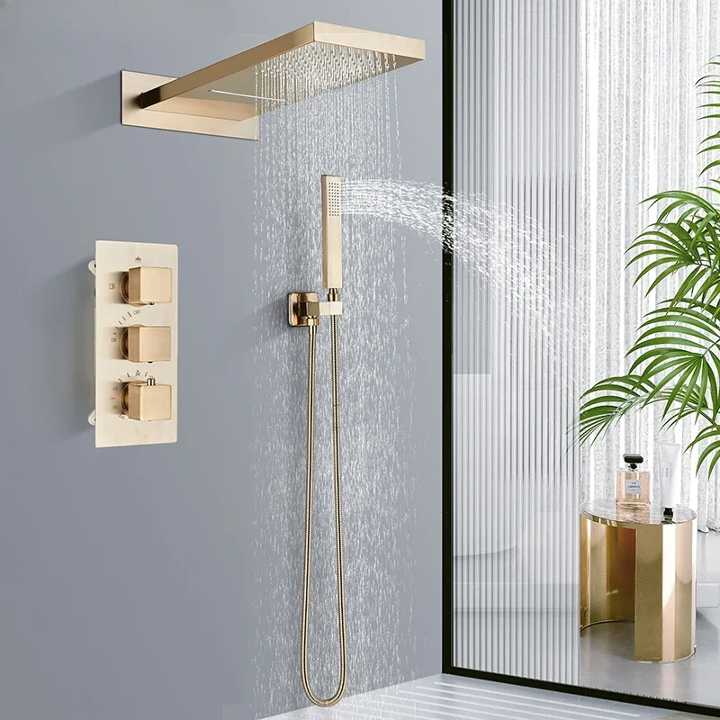 

Thermostatic Brushed Gold Shower Faucets Set Rain Waterfall Shower Head With 3-way Thermostatic Mixer Tap Bath Shower Faucet