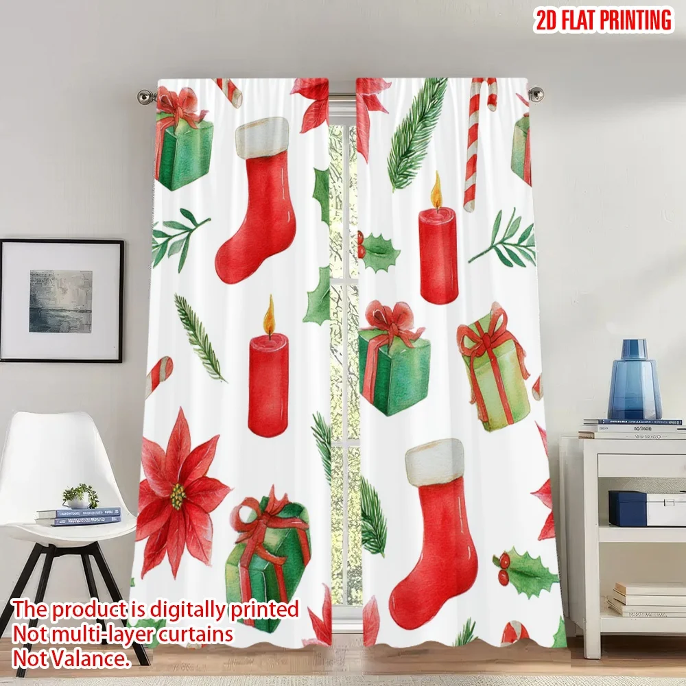 

2pcs 2D flat printing Christmas Scene Curtains Christmas Red Green Poinsettia Digital Printed Polyester Drapes Holiday
