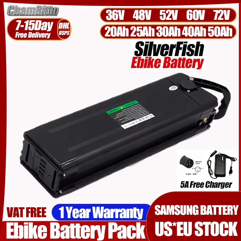 

48 В 52 В Электрический велосипед Silver Fish EBike Akku Accu 36 В 60 В 20 30 40 50 60 Ач Литиевая батарея 72 В 500 Вт 750 Вт 1500 Вт 2000 Вт Аккумулятор