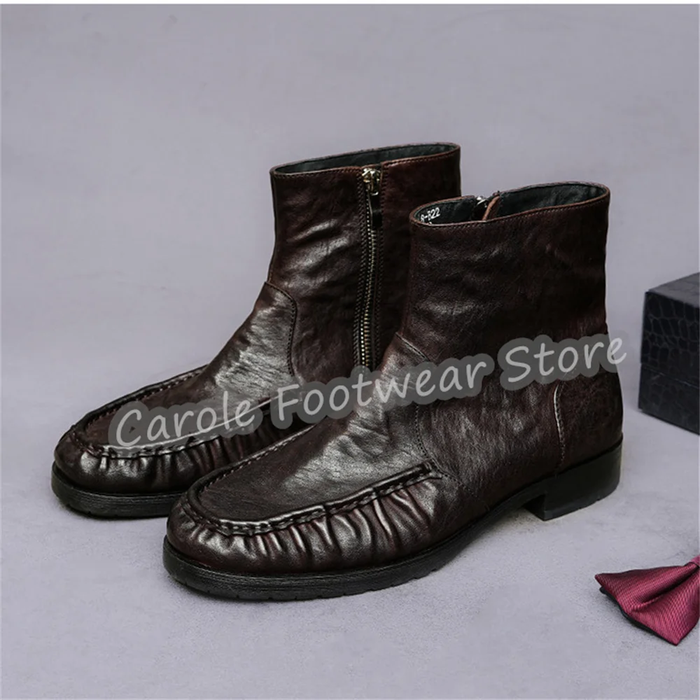 Vintage Pleated Design Genuine Leather Male Ankle Boots Handmade High Top Chunky Heel Side Zipper Business Casual Short Boots