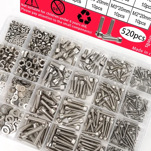 Juego combinado de tuercas y pernos hexagonales de acero inoxidable de 520 piezas - Cabezales hexagonales M3, M4, M5, M6 - Incluye llave de arandela plana