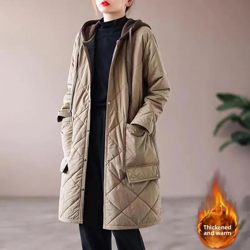 

Женское зимнее хлопковое пальто средней длины с капюшоном в Корейском стиле, однотонное длинное пальто на молнии