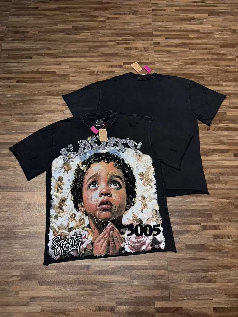 Nice Washed Saint Global Rhinestone Letter Praying Baby Graphic T-Shirt Gothic Streetwear Distressed Loose Short Sleeve Tee