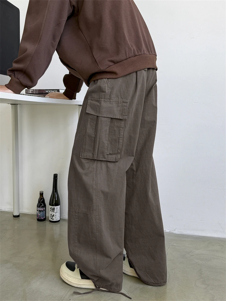 Retro Japanese Style Work Pants Wide Leg Casual Trousers for Men And Women Washed Shape Patch Pocket Loose Fit Long Pants