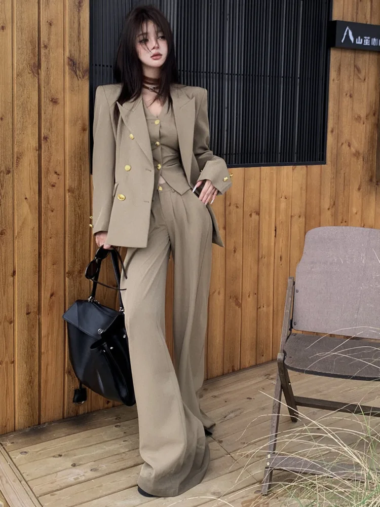 

High Quality Korean Casual 3 Piece Pant Set Women Blazer Coat + Vest + Wide Leg Pants Suits Female Elegant Fashion OL Outfits