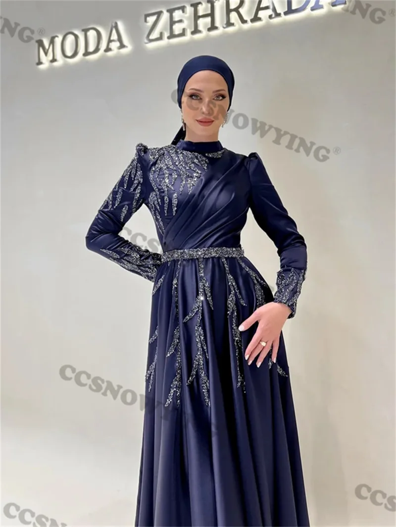 Apliques frisados vestidos de noite muçulmanos cetim islâmico manga longa hijab feminino formal vestido de festa árabe dubai robes de soirée