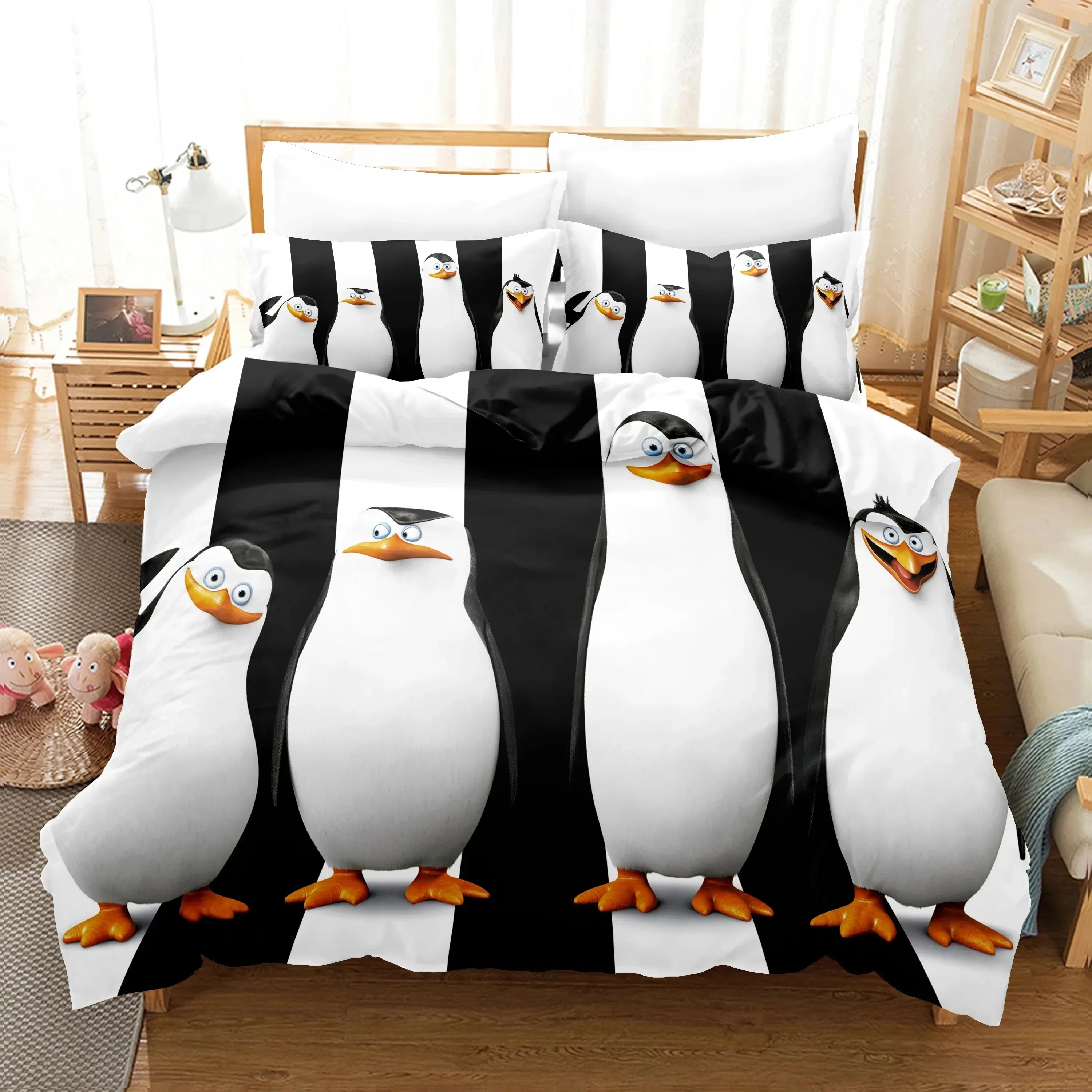 

3D Print Cartoon Penguins Madagascar Bedding Set Double Twin King Duvet Cover Comforter Pillowcase Boys Girls Adults Bedroom