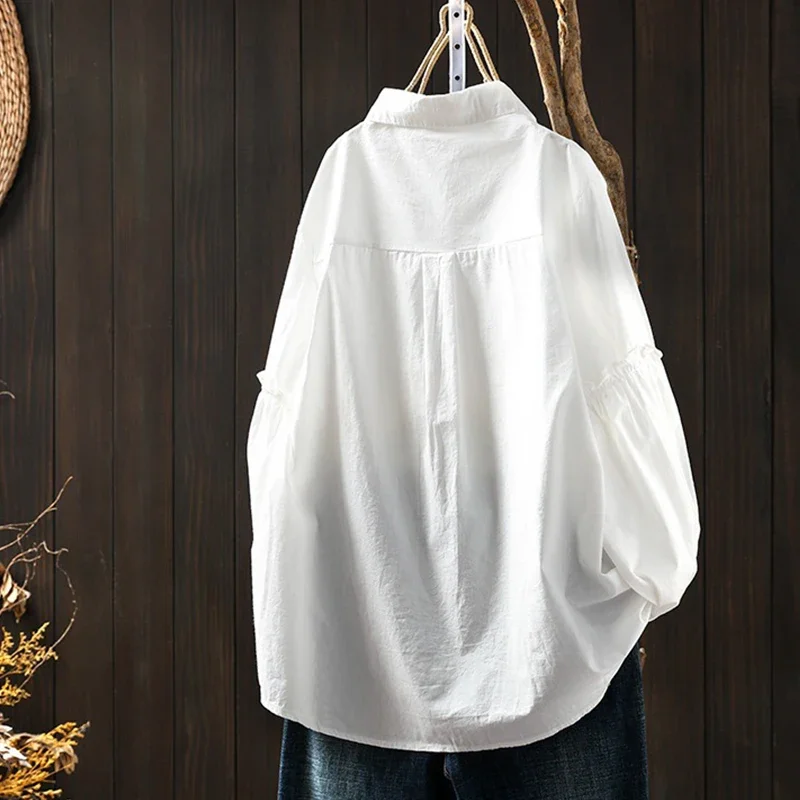 Spring Autumn Sweet Hand Flower Embroidered Shirt Camisa Women Long Sleeved Turn Down Collar Casual Loose Blouse Tops