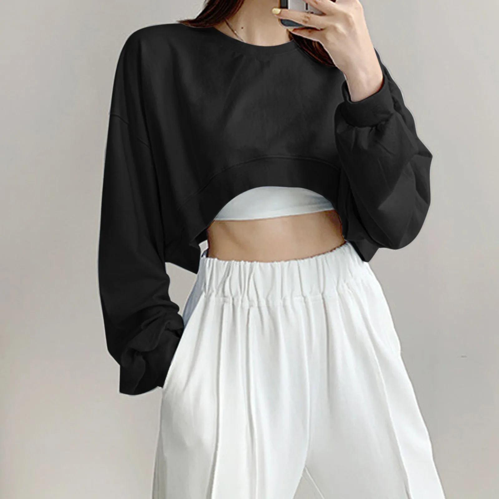 Short T-Shirt Women Solid Color Loose Round Neck Long Sleeve Cropped Top High Waist Navel Exposed Simple Casual Basic Summer