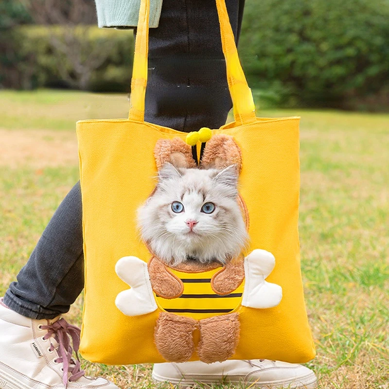 Cute Canvas Outgoing Bag with Exposed Little Bee Shape Cat Bag Single Shoulder Bag Small Dog Carrying Bag Pet Dog Bag