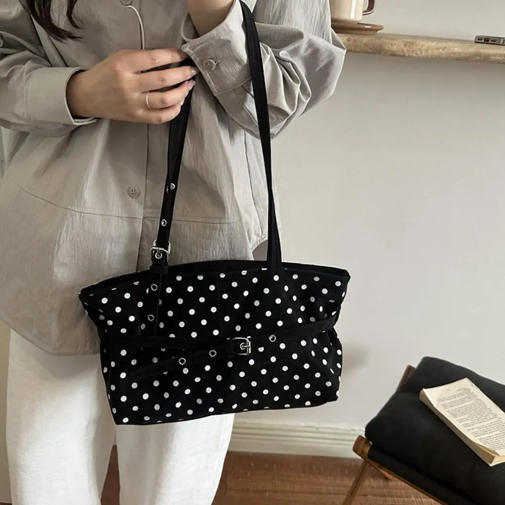 Damen-Tragetasche mit Polka-Dots, große Kapazität, Schulterhandtasche, Vintage, lässig, für Pendler und Einkäufe – Detail 21