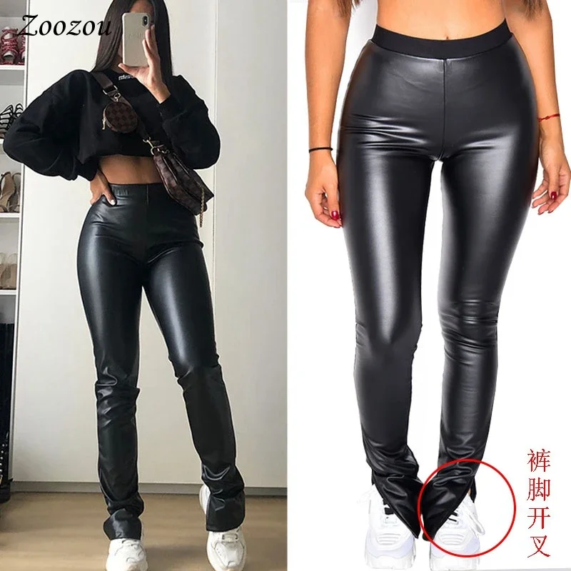 

Women High Waist Skinny PU Leather Pencil Pant Ankle Split Side Latex Faux Leather Bodycon Sexy Black Pants Soft Female Trouser