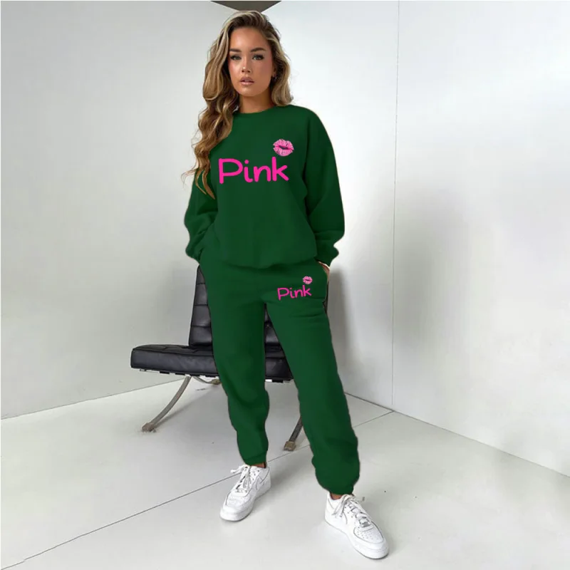 2 Piece Set Casual PINK Letter Print Pants Sets Women Outfits 2024 Fashion Long Sleeve Sweatshirt Jogger Pants Tracksuits