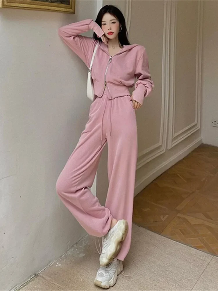 New Women Two Piece Set Solid Color Hooded Zipper Short Cardigan and Sweatpants Korean Style Fashion Casual Female Tracksuit 2XL