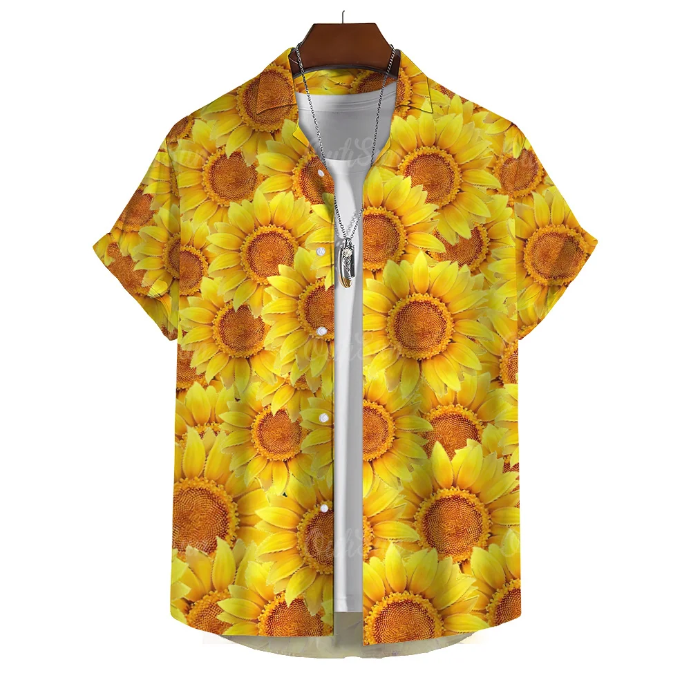 Summer Hawaiian Shirts Men's Shirts Sunflower Print Shirts for Men Lapel Short Sleeve Men's Clothing Loose Oversized Tops