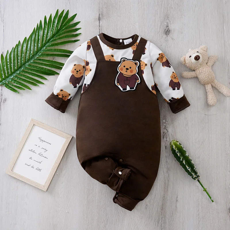 0-36 Baby Cute Bear color matching fake two casual long-sleeved onesies, baby and baby boy onesies