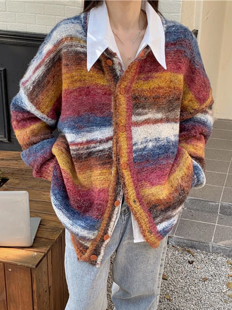 

Retro Streetwear Striped Cardigan Sweaters Women Lazy Wind Long Sleeve American Knitted Jacket Harajuku Vintage Loose Bf Tops
