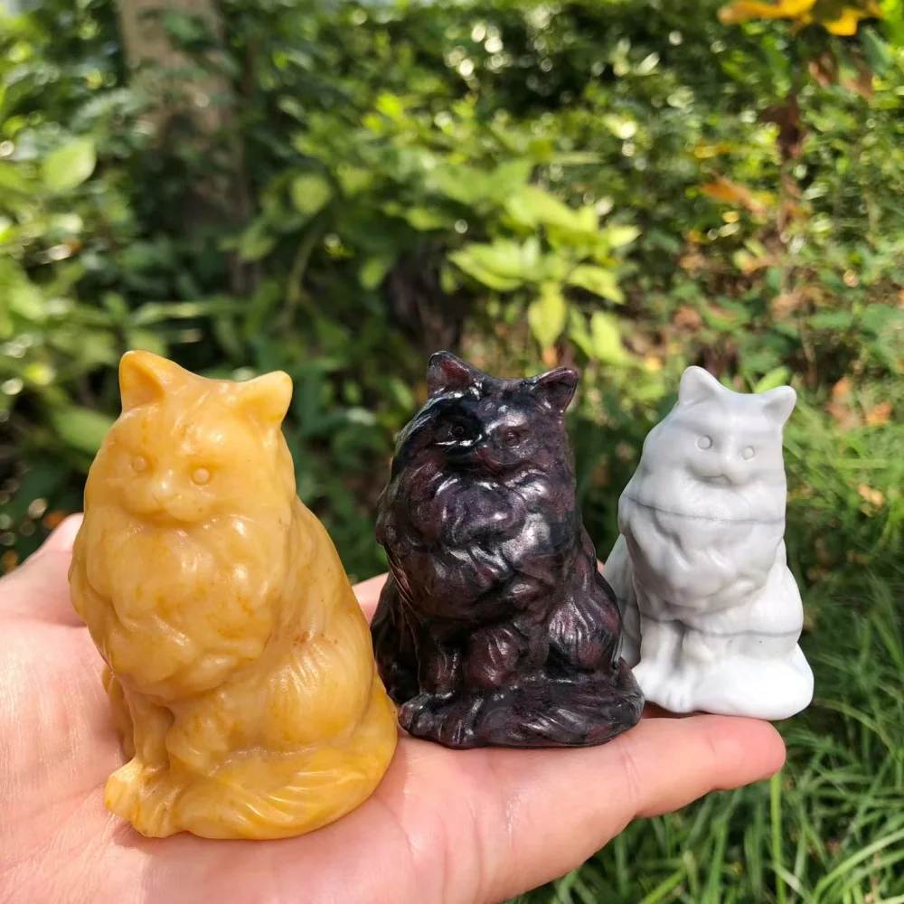 5.5cm Natural Crystal Long Haired Cat Sitting Carving Multi Color Stone Animal Figurine Reiki Healing Home Decor Gift