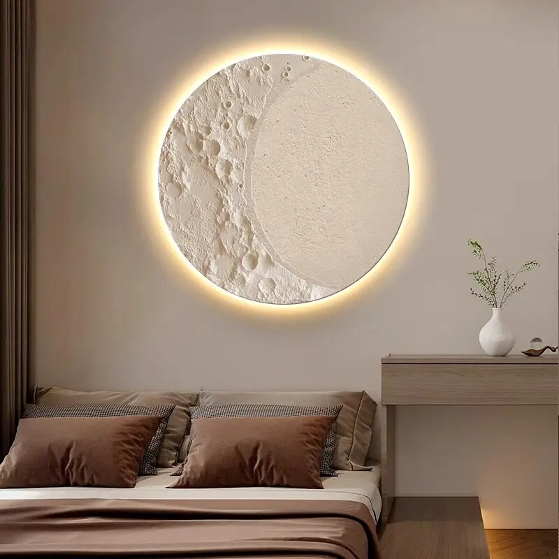 Lunar circular living room entrance wall decoration painting LED luminous mural bedroom sandstone texture small night light