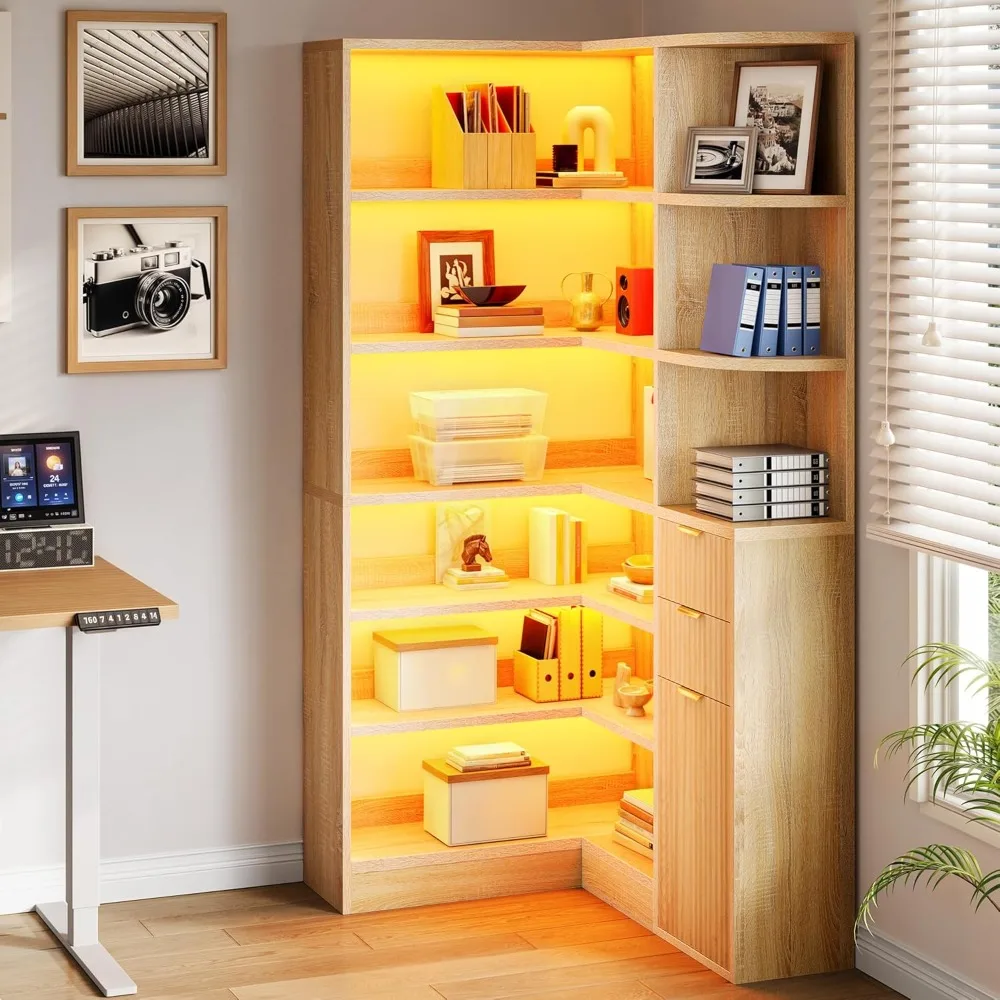 

L-Shaped Corner Bookshelf with 6-tier Storage, Fluted Design, Drawers, Cabinets, and LED Lighting