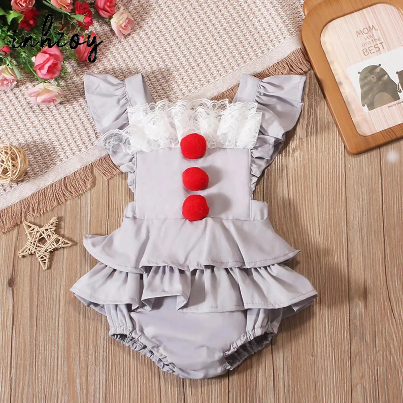 Disfraces de payaso espeluznante para niñas, disfraz de Halloween, vestido Joker, mameluco con manga larga, volantes en capas, gris, accesorios de fotografía