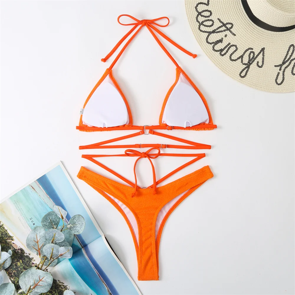 Micro String Extrem Bikini Orange Y2K Dreieck Rückenfrei Badeanzug Frottee Ringe Urlaub Bademode Frauen Push Up Strand Badeanzüge