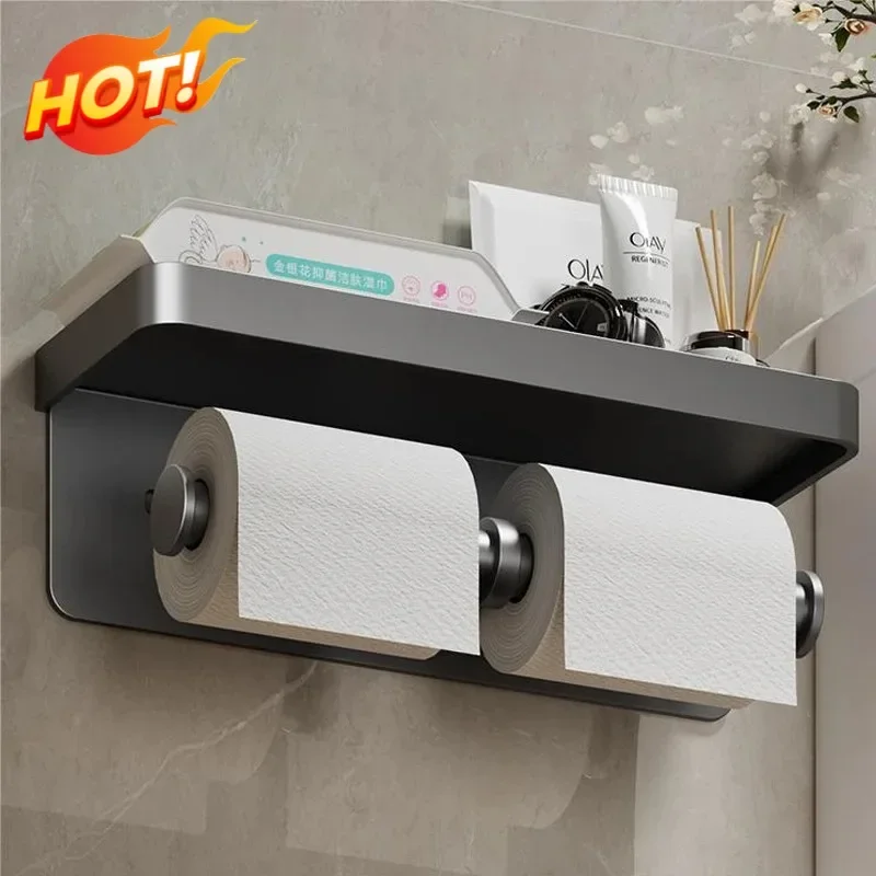 Bathroom Tissue Box Wall-mounted Toilet Paper Holder Towel Roll Storage Punch-free Mobile Phone Holder Aluminum Alloy 욕실 휴지걸이