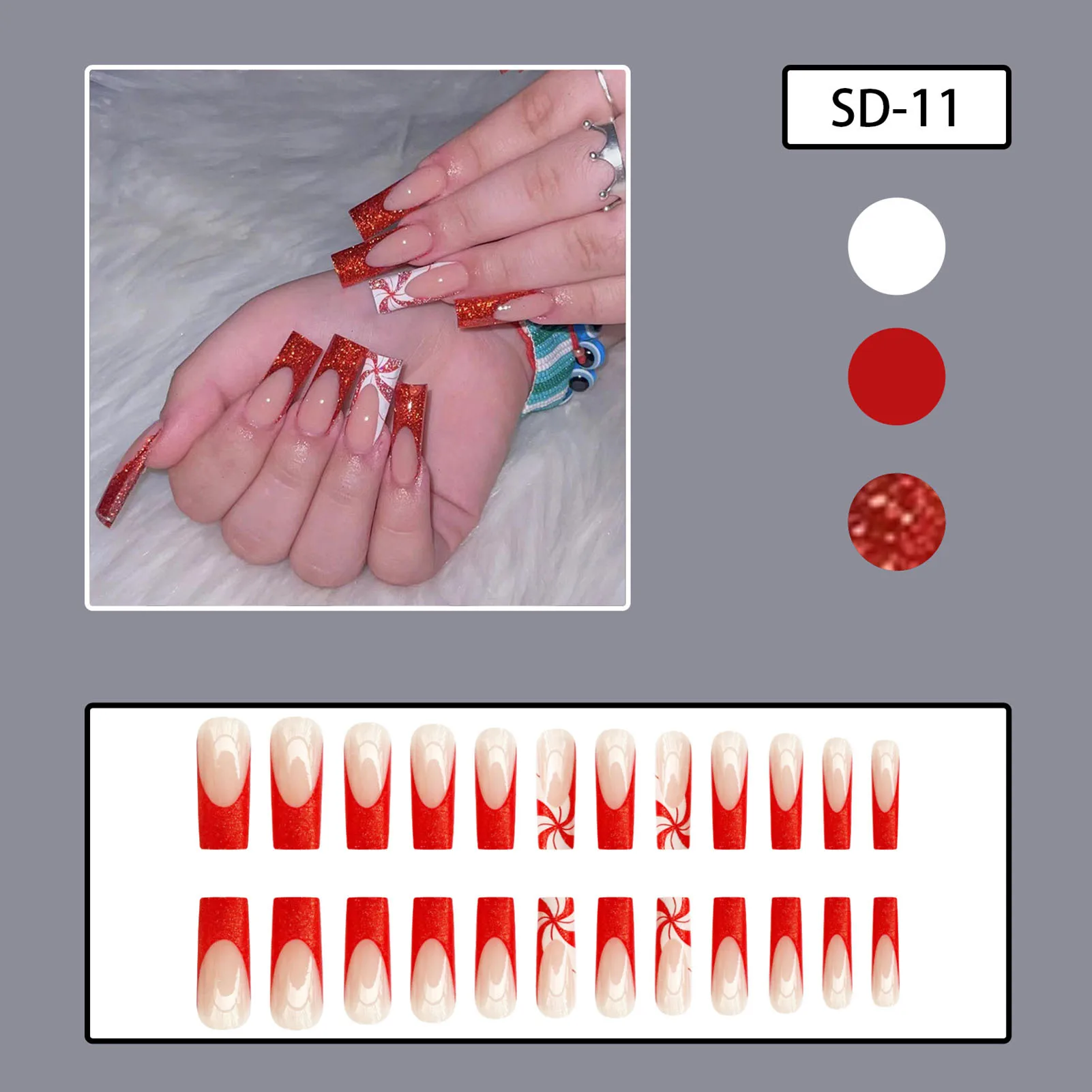 Christmas Press on Nails with Glitter Decor Easy to Apply Simple to Peel off Nails for Hot Girl Dress Matching