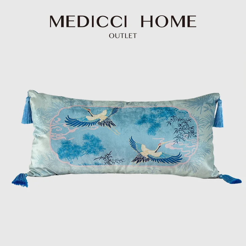 

Medicci Home Oriental Dream Inspired Bolster Pillow Cover With Tassels Crane Flower Silky Velvet Decorative Cushion Case 35x55cm