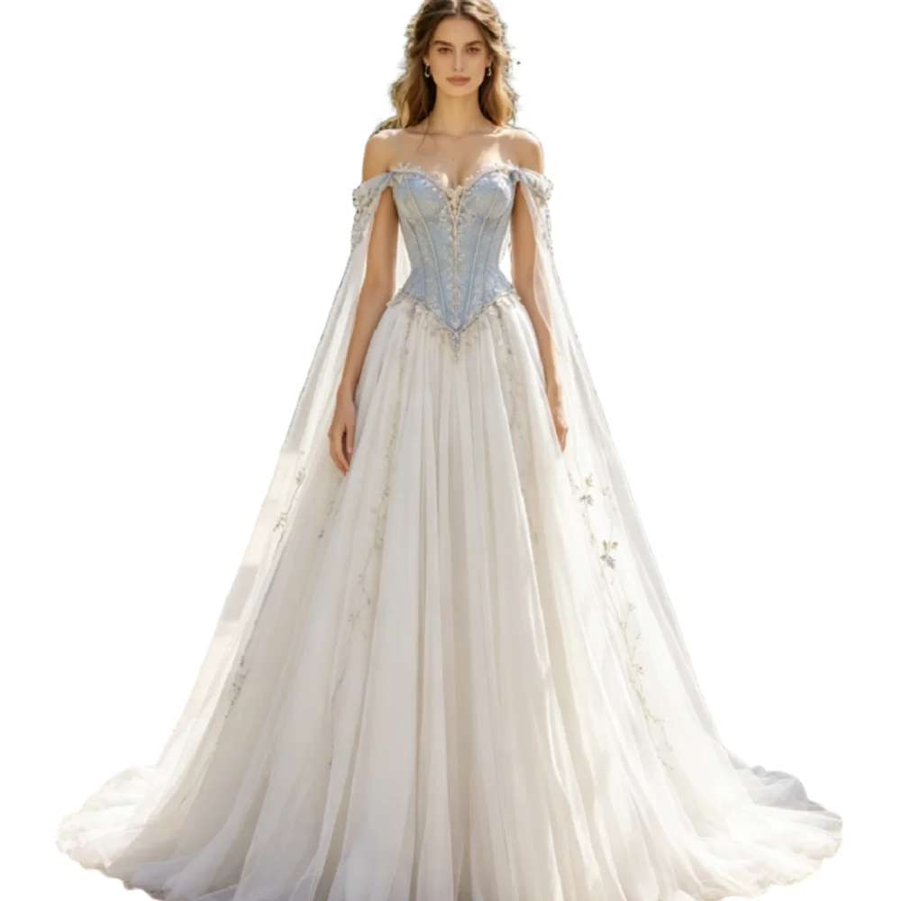 Fairytale Dusty Blue Forest Wedding Dress A Line Off Shoulder Cape Sleeves Cottagecore Bridal Gowns Arabic Celtic Gypsy Bride