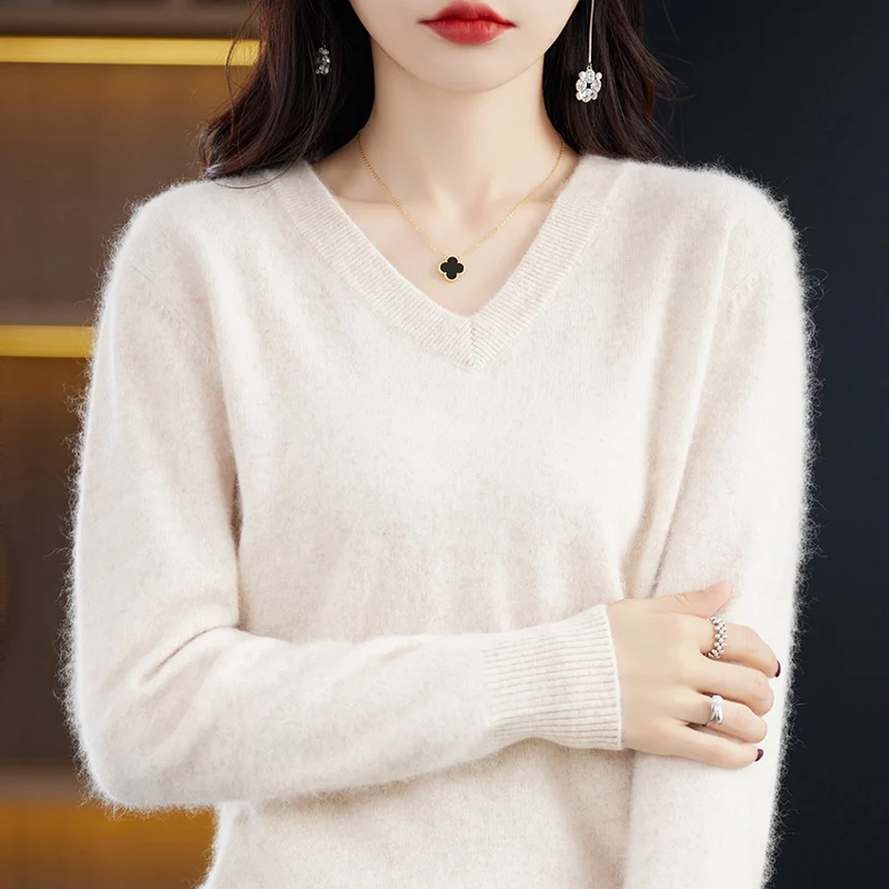 Women\'s pullover super warm pure mink cashmere sweater V-neck loose women\'s clothes ladies solid color sweater top.