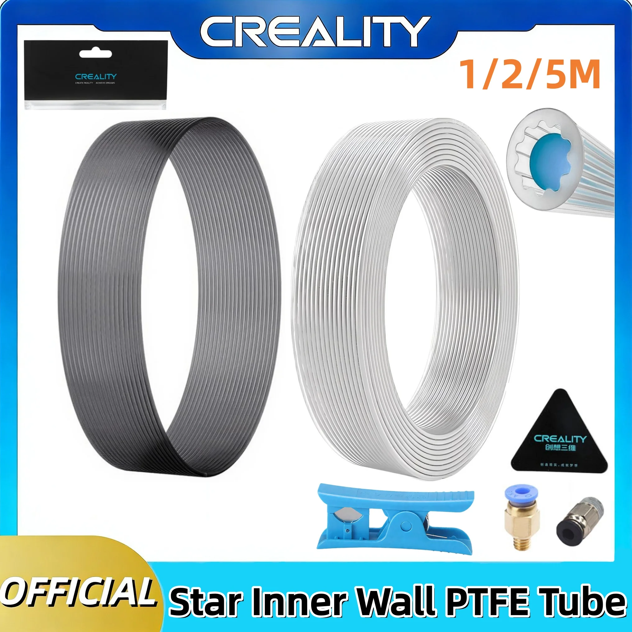 Offizielles Creality Star PTFE-Rohr bis zu 260 Grad ° Verbesserte C-Ausführung, OD 4mm, innen ultra-glatt, 1/2/5M Schlauch mit Schneidwerkzeug und pneumatischer Anschlussmöglichkeit