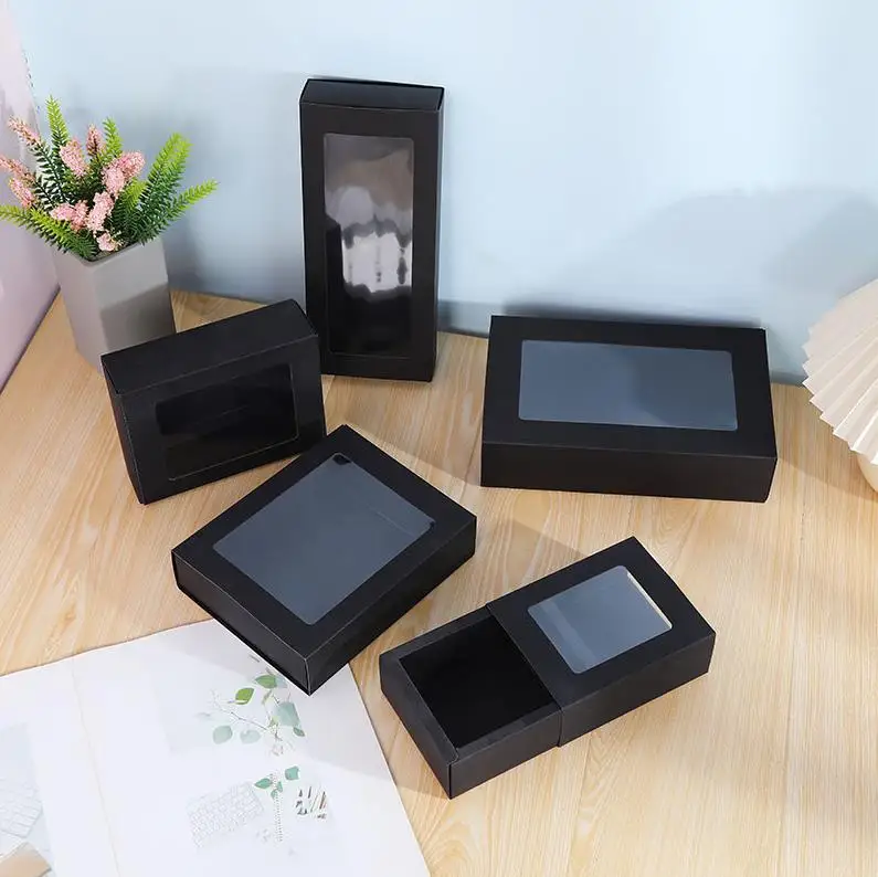 100Pcs Black Cardboard Boxes Drawer Slide Packaging Box With PVC Clear Window DIY Gift Box Wholesale ni40