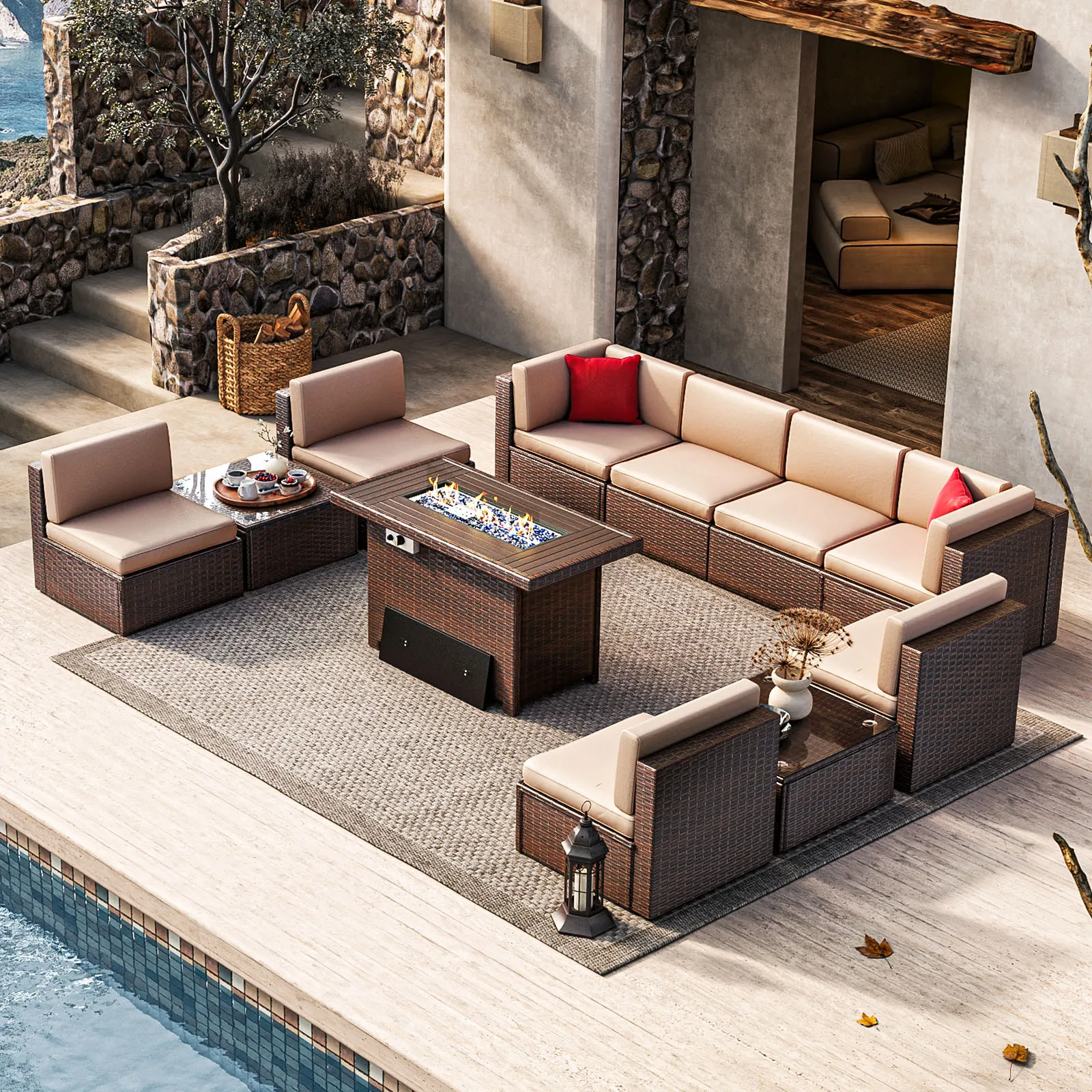 Patio Furniture 11 Pieces Furniture Set with 40" Fire Pit Table Wicker Rattan Sectional Conversation Set with Coffee Table