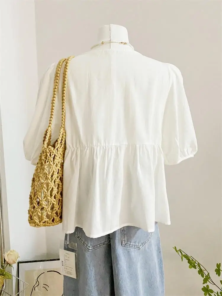 Sweet Blouses Women Summer Folds Designed Vintage Office Lady Leisure Baggy All-match Literary Chic Popular French Style