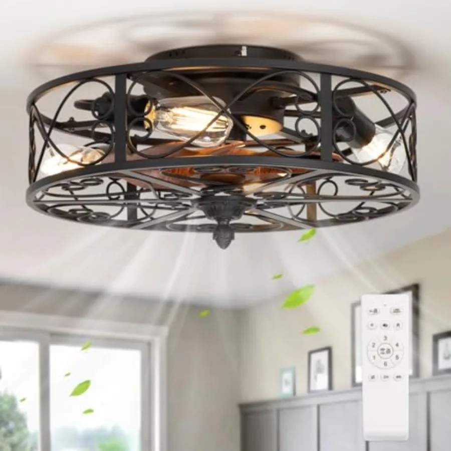 

Caged Flush Mount Ceiling Fan with Lights, Farmhouse Rustic Bladeless Ceiling Fans with Lights and Remote, Low Profile Small En
