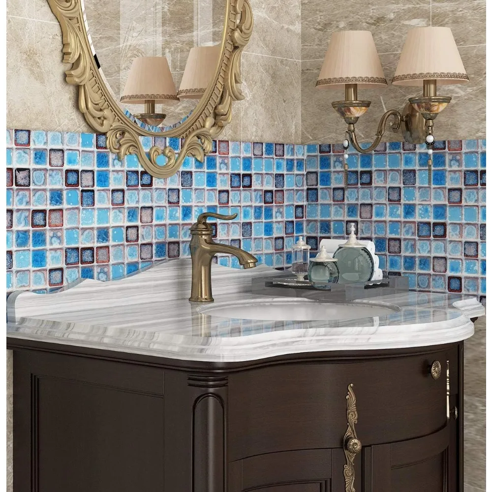 بلاط حائط للحمام قابل للتقشير واللصق باللون الأزرق المقاوم للماء ورق اتصال مزخرف ذاتي اللصق للجدران مقاس 24 × 394 بوصة