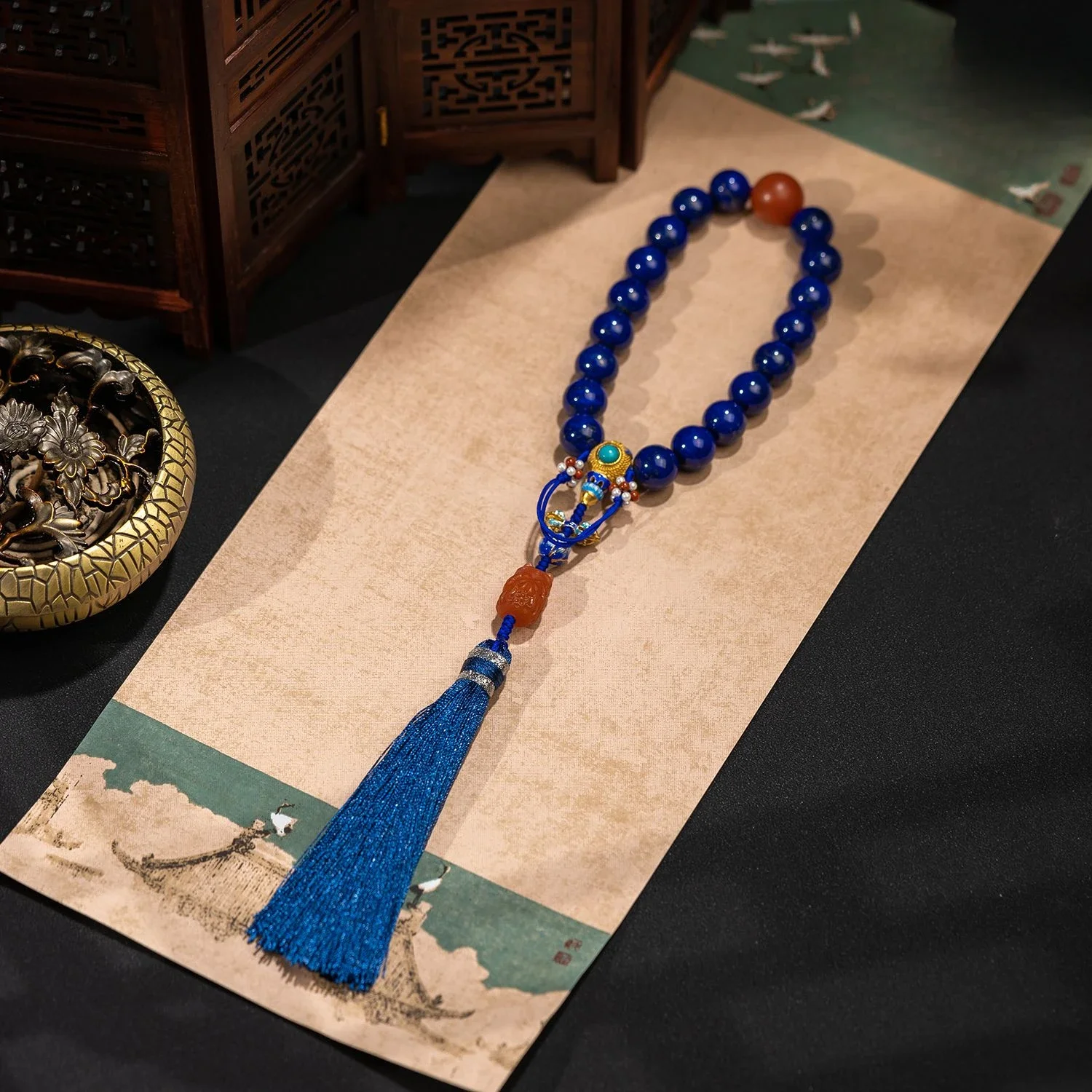 

Natural Raw Ore Lapis Lazuli Eighteen Prayer Beads Handheld Original Design Palace Style Baoshan South Red Cloisonne Beads