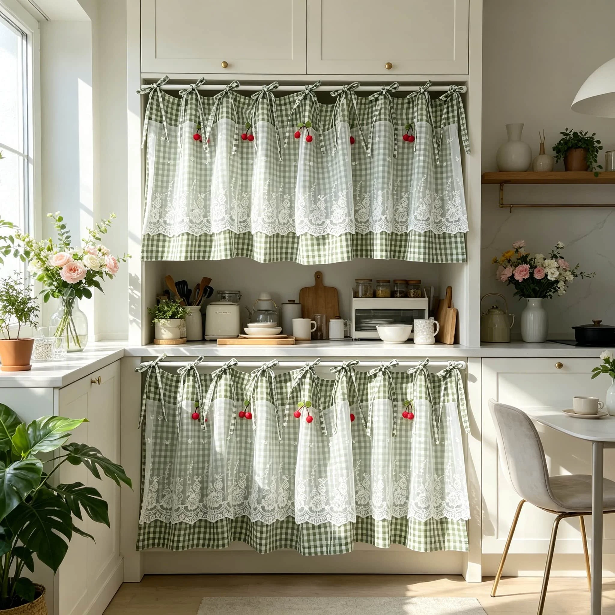 Pastoral Green Plaid Lace Short Curtain Cherry Pattern Tie Top Window Drape For Kitchen Cabinet Door Study Small Window