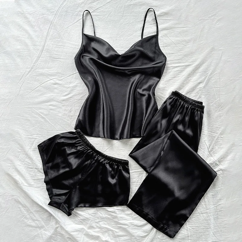 

New Solid Pajama Sets Women 3PCS Suspender Shorts Trousers Suit Luxury Silky Home Wear Female Loose Casual Sleepwear Pyjamas
