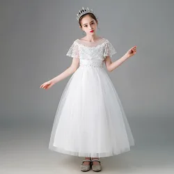 Children White Wedding Dresses 3 To 14 Years School Host Performance Costumes Teens Girls Birthday Party Princess Long Dresses