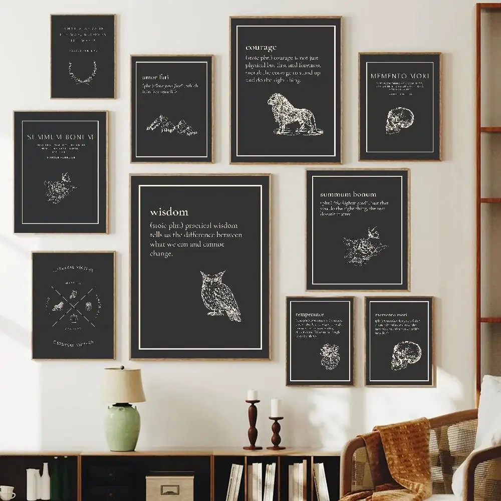 Affiche en papier sur la philosophie stoïque, croquis noir et blanc, lion, hibou, crâne, impression Memento Mori, art mural minimaliste sombre, décoration pour bureau et salle d'étude