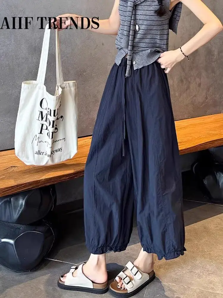 

Quick Dry Ice Silk Lantern Pants Women's Wide Leg Small Size Flower Nine Points Balloon Pants Casual High Waist Loose Fit