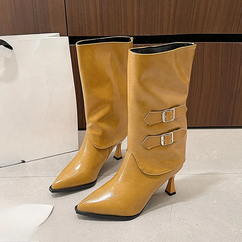

Wear Booties Autumn New Pointed Toe Side Zipper Metal Buckle Anti-slip Wear-resistant High Heels