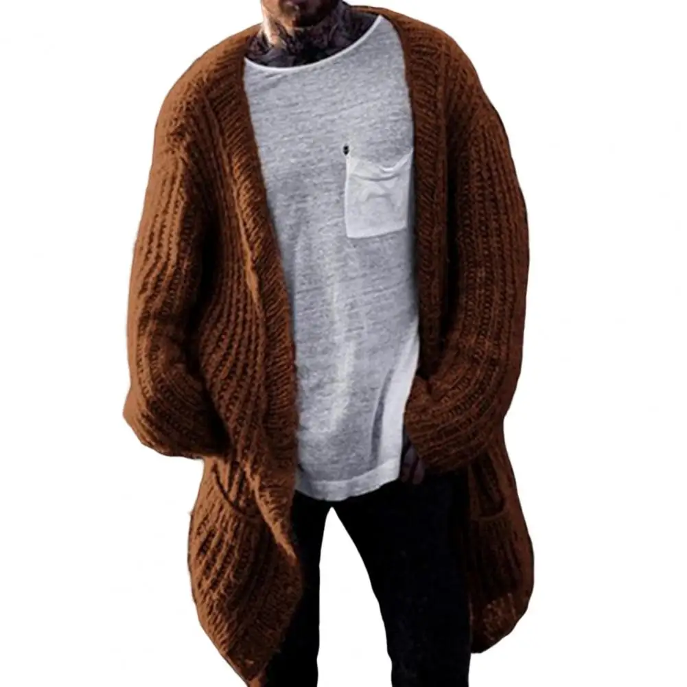 

Men Cardigan Jacket Pockets Temperament Sweater Windproof Mid Length Knitted jaqueta masculina