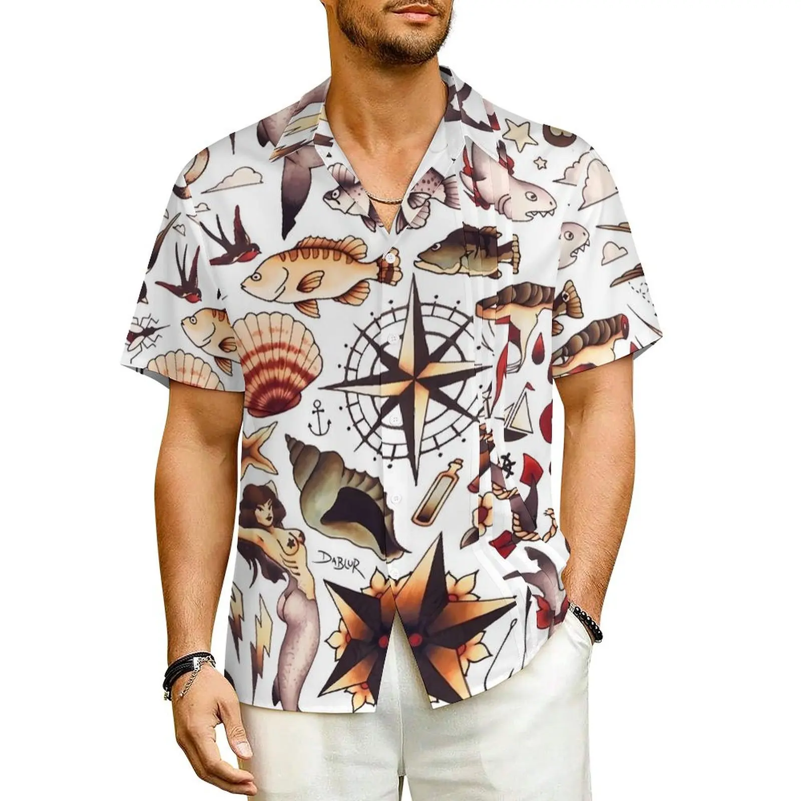 

Traditional Nautical Tattoo Flash Beach Shirt Hawaii Casual Shirts Men Cool Blouses Short-Sleeve Y2K Funny Graphic Clothing