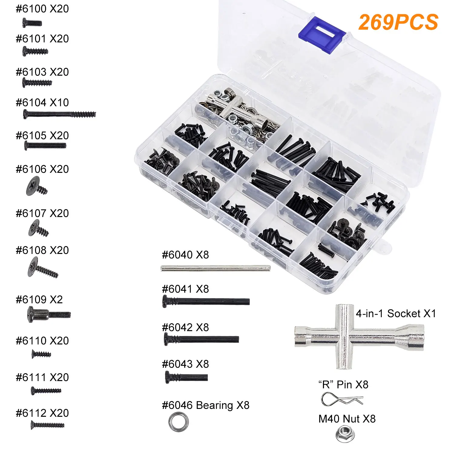 SCY 269-teiliges RC-Car-Werkzeugsatz mit Schrauben, Stiften, Lagern, Muttern, Karosserieklemmen für 16101 16102Pro, SG116Pro, SG 316MAX, Q130 und mehr