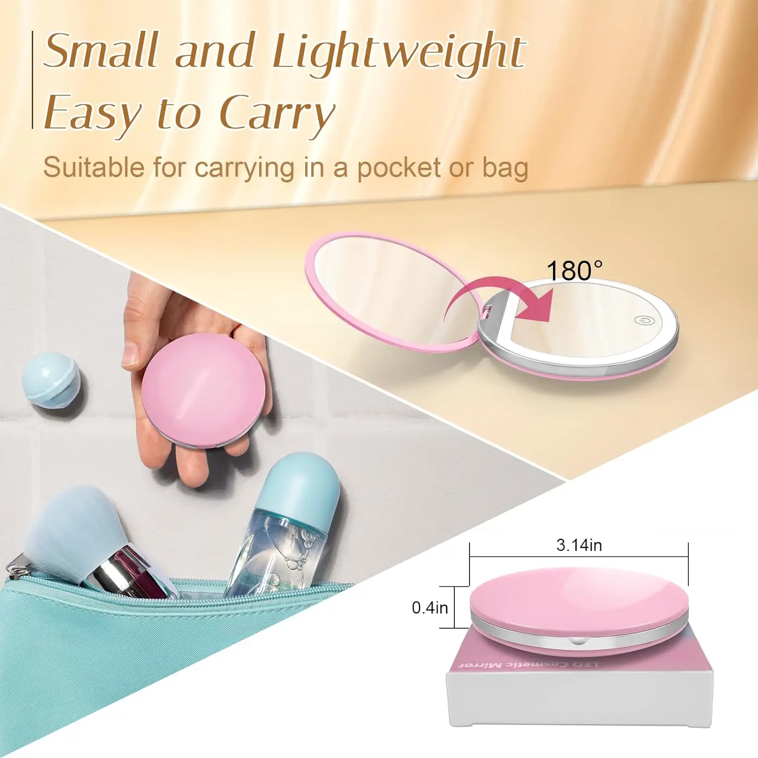 Compact Makeup Mirror with Lights 1X/3X Magnification Rechargeable LED Travel Portable Handheld Pocket Cosmetic Mirror for Gifts