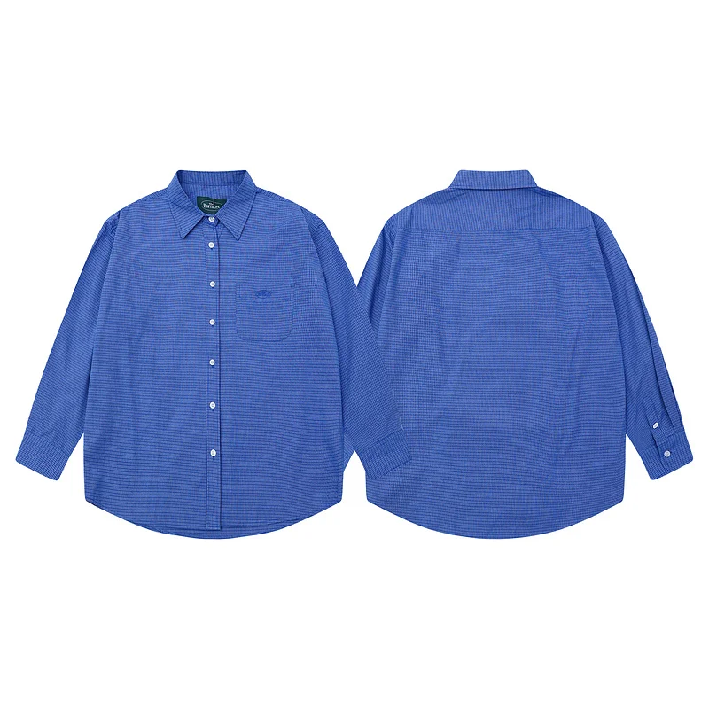 Thebarnnet Corea Camisa holgada, versátil, informal, a cuadros pequeños, de manga larga, blusa azul para mujer